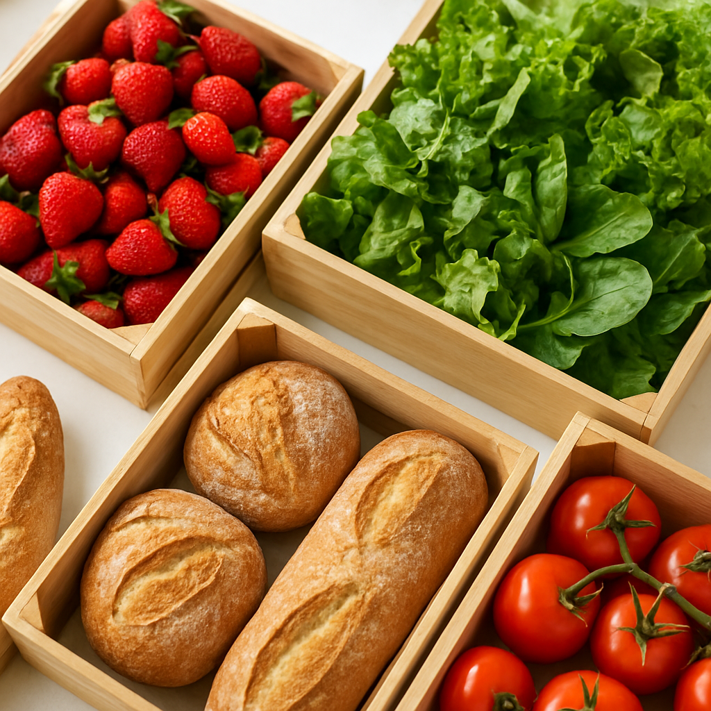Fresh produce, bread, and greens at a local farmers market stall